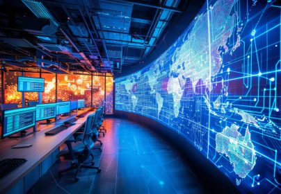 A futuristic urban control center with a panoramic view of a city at night, featuring multiple digital displays showing city maps, data, and analytics.