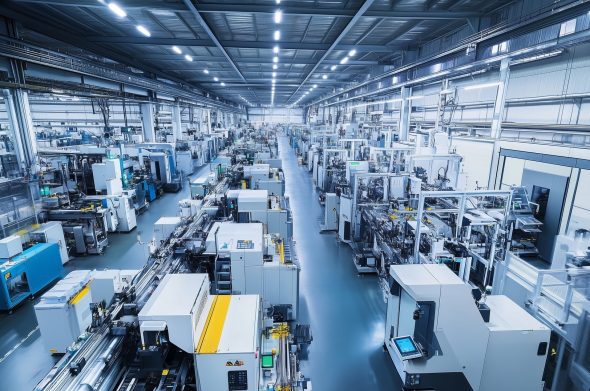 The spacious manufacturing facility features an array of advanced machinery and automated systems, highlighting a streamlined production process in a high-tech environment.
